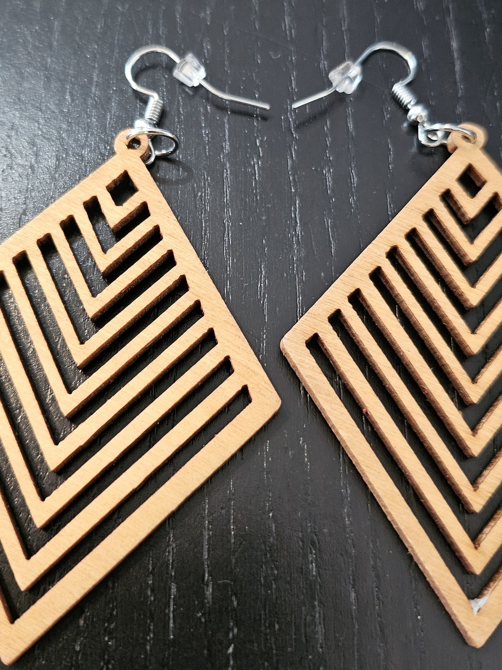 Geometric Wooden Drop Earrings in Light Brown & Black